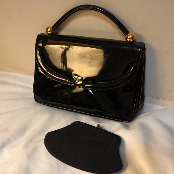 Vintage Handbags - Vintage Small Black Patent Purse Bag w/ coin purse